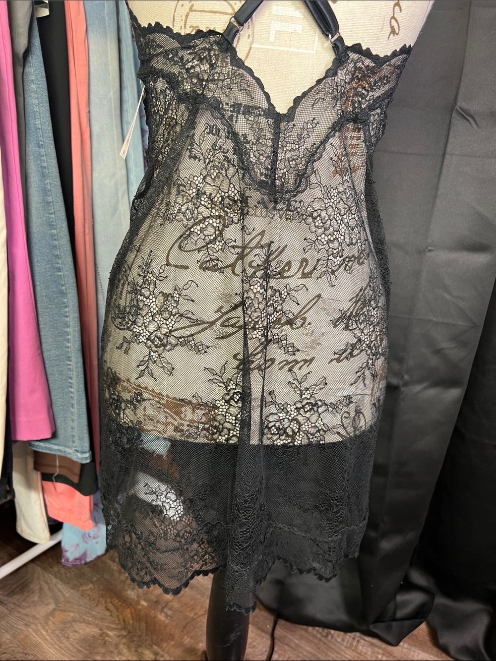 Auden Black Sheer Lace Chemise with Script Overlay - Picture 6 of 6
